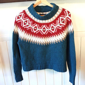 American Eagle‎ Sweater Womens Small Teal Red Fair Isle Cropped Holiday Heritage
